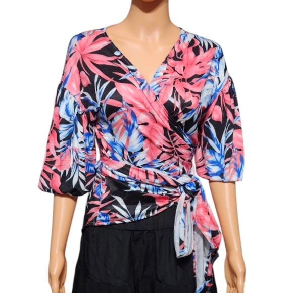 Say What? Floral Wrap Blouse - Pink and Blue - Picture 1 of 9